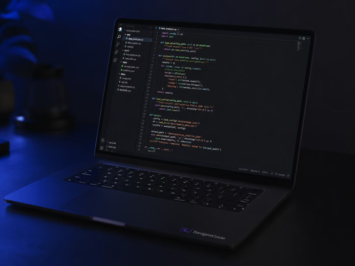 tonightcode laptop with code, programming beautiful and unforgettable 3d website animations